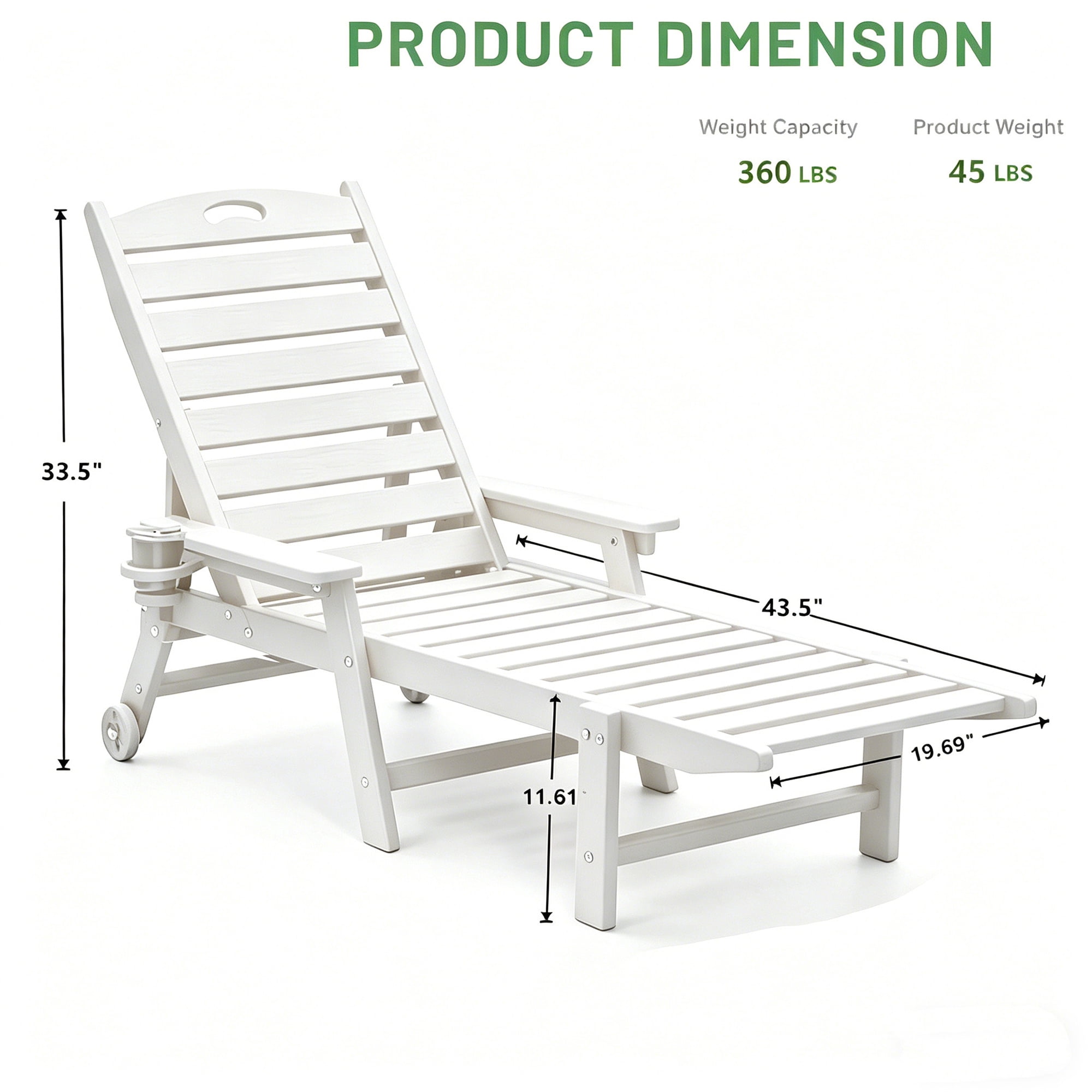 Aukfa HDPE Outdoor Patio Chaise Lounge Chair w/ Cup Holder&Wheels, 360 LBS Capacity, White