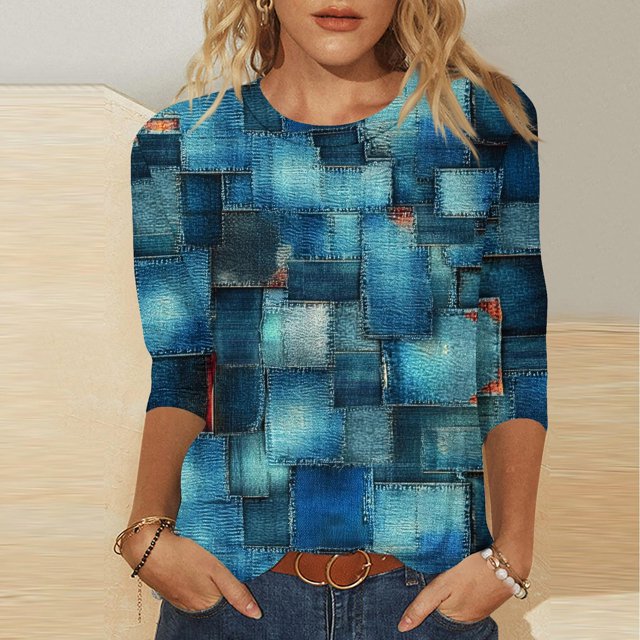 PEONAVET 3/8642 Length Sleeve Womens Tops, Fashion Women's Casual Print Round Neck 3/4 Sleeve T-shirt Blouse