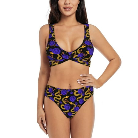 Zeuib Golden Snake And Purple Rose High Waisted Tummy Control Bikini Set - Knot Front Push Up Top & Cheeky Thong Bottom  Two-Piece Swimsuit for Women-XX-Large