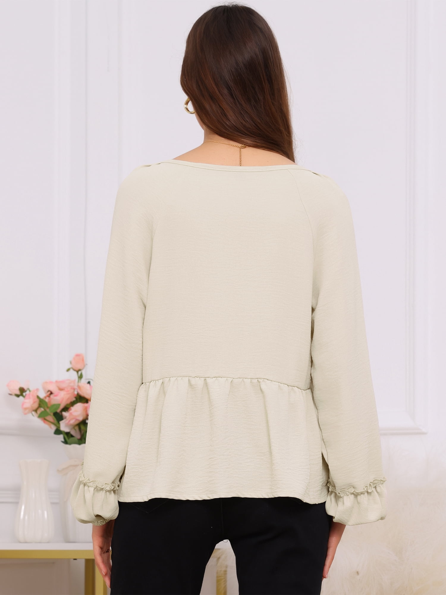 DARING DIVA Women's Maternity Empire Waist Babydoll Lantern Sleeve Blouse M Beige