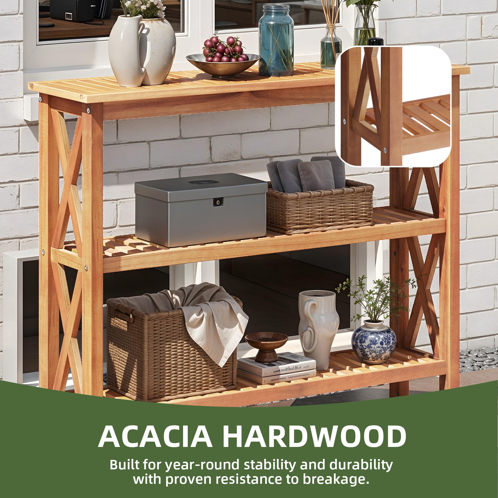 Uforic 39.4" Outdoor Console Table with Storage Shelves, Weatherproof Wood Side Table, Natural