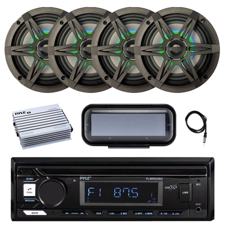 Pyle PLMRB29B2 Single DIN Marine Bluetooth MP3 Player Stereo Receiver Cover 4x 6.5 120 Watt Peak 4-Ohm Marine Multicolor LED Coaxial Speakers with Charcoal Grilles Amplifier Radio Antenna