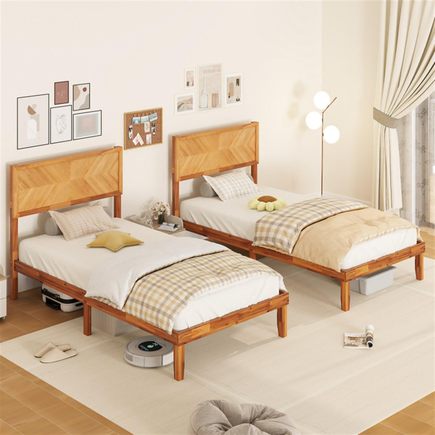 Demi Bonn Twin Size Bed Frame with Headboard, Acacia Wood Platform Bed Frame with Under Bed Storage, No Box Spring Needed, Gold
