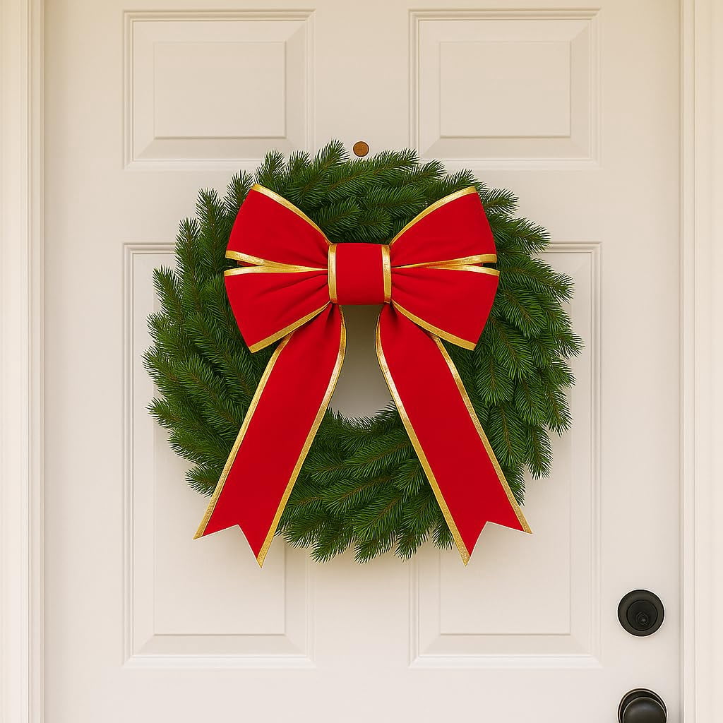 Christmas Designers 18in Red Velvet Christmas Bow with Gold Trim UV Protected Indoor Outdoor