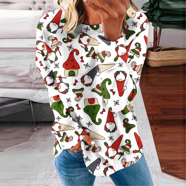 Chandail en Molleton de Noël pour Femmes 2023 Col Rond Mode Décontractée Manches Longues Imprimé de Noël Chandail en Molleton Hauts Blouse en Liquidation