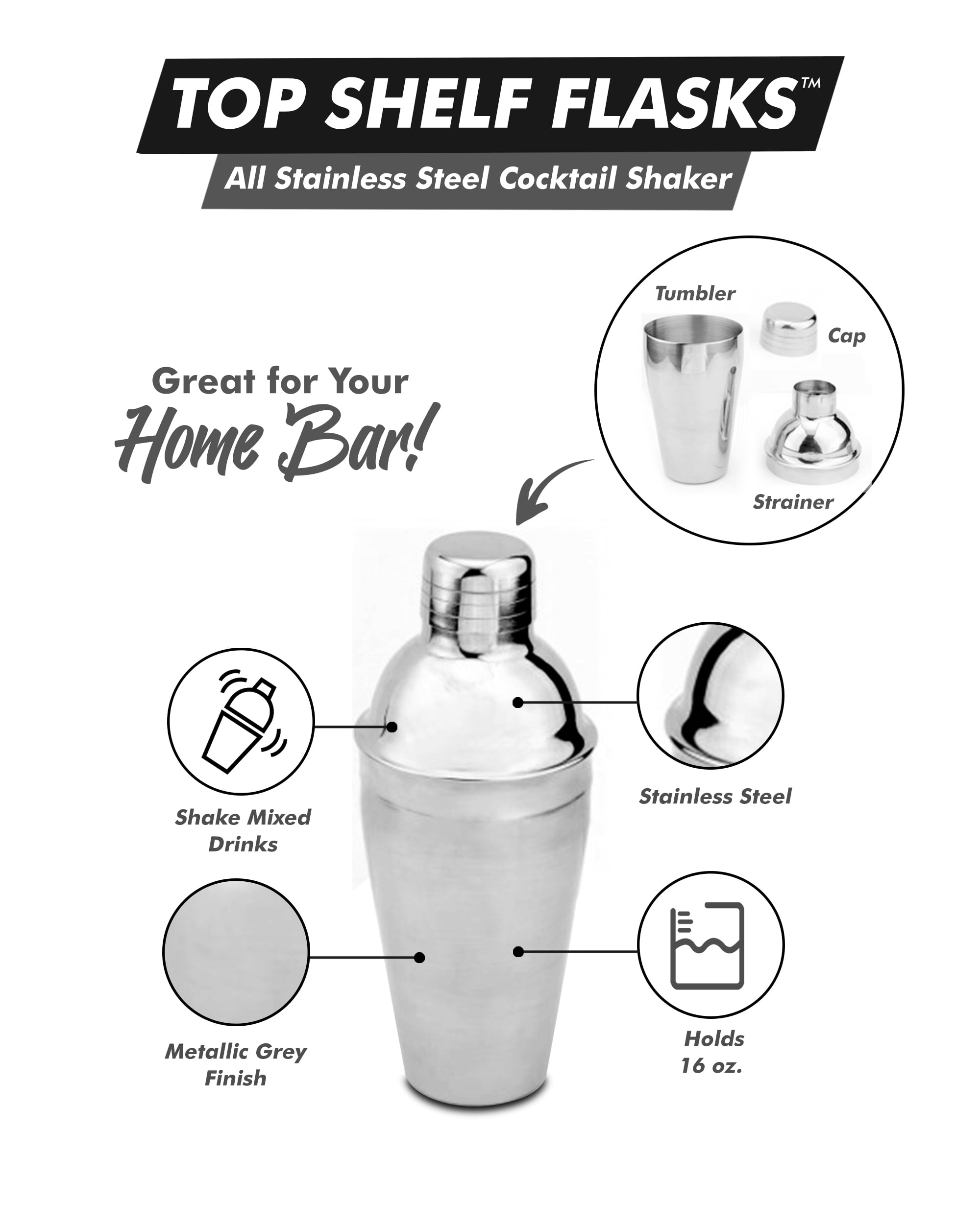 Cocktail Shaker - All Stainless Steel - Tumbler, Strainer and Cap