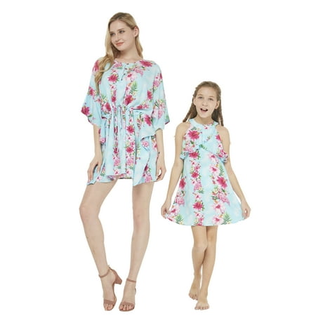 

Mother & Daughter Matching Hawaii Luau Poncho Dress Girl Round Neck Ruffle in Pink Hibiscus Vine