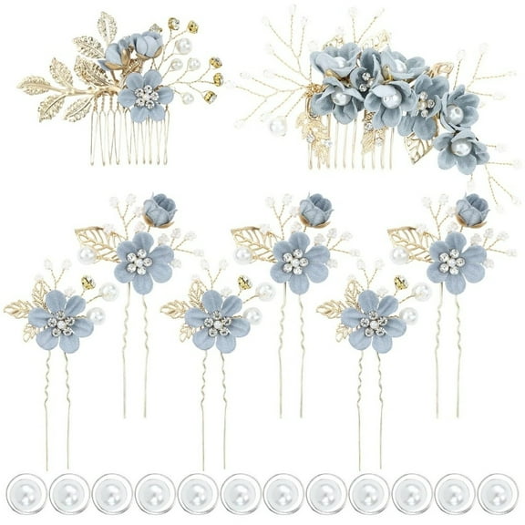 20 Pack Elegant Floral Hair Combs Set, Pearl Twisted Hair Pins and Rhinestone Bridal Clips, Dusty Blue Wedding Headpieces for Bride Bridesmaids Prom