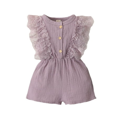 

Baby Ruffle Lace Flying Sleeves Solid Color Round Neck Romper Jumpsuit Set