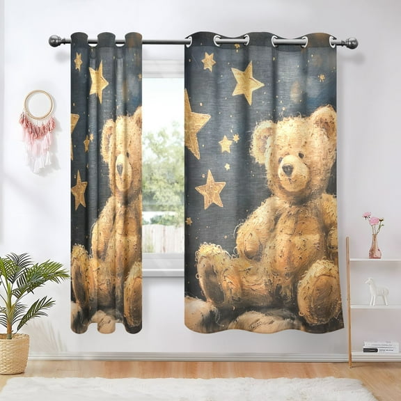 Teddy Bear Stars Blackout Curtains 63 inch Length 2 Panels Window Decoration Curtains for Bedroom Living Room