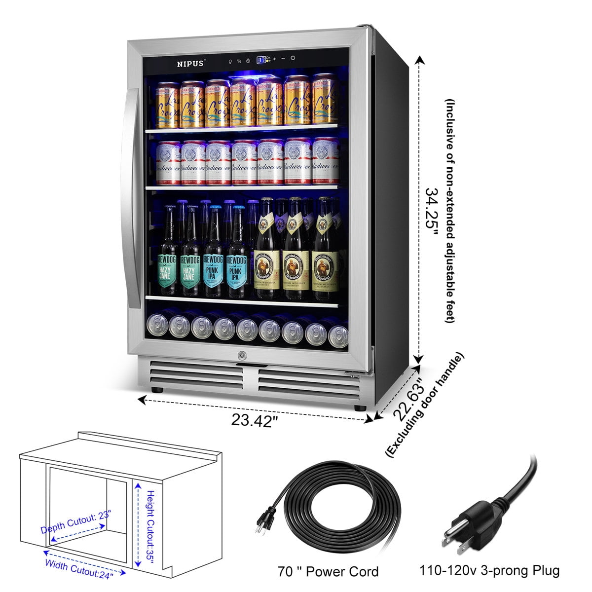 24 Inch Beverage Refrigerator Cooler, 190 Can Built-In and Freestanding with Glass Door, LED Light Safety Lock For Beer, Wine, Soda, Drinks Classic Series