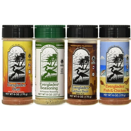 4 Pack Everglades Seasoning Sampler Cactus Dust Heat Fish & Chicken 6 Oz Bottles 8 Oz All Purpose