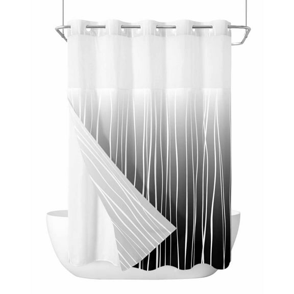 No Hook Shower Curtain with Snap-in Liner, Black White Waterproof Fabric Bathroom Curtains, Ombre Gradient Striped Minimalist Texture Bath Curtains & Mesh Top Window 60"x72"