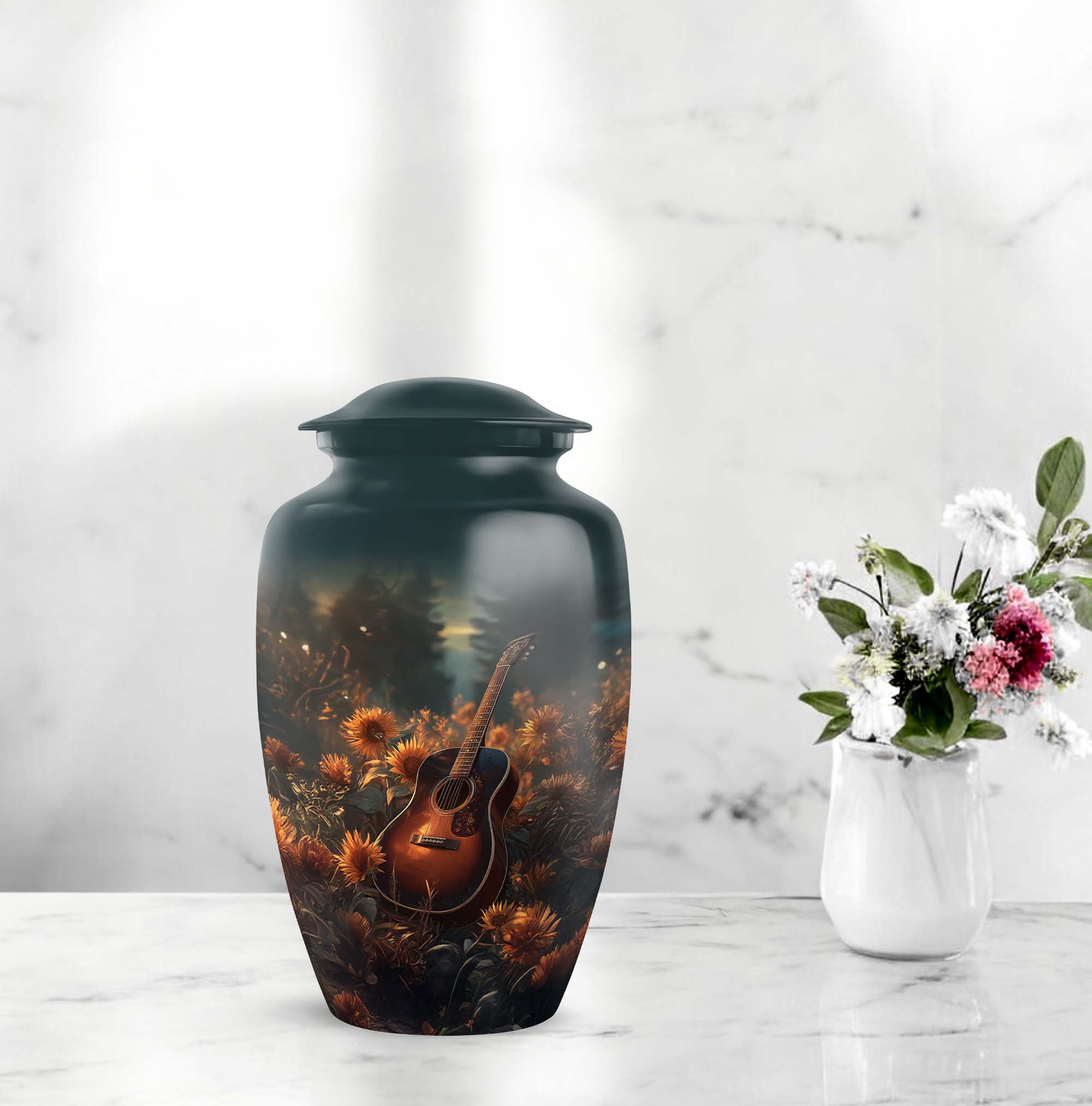 Guitar Funeral Urns For Human Ashes Adult Mom And Dad - Green Cremation Urn For Human Ashes Adult Female And Male - Sunflower Keepsake Urns For Grandmother 10 Inch, 1 Large & Mini Set 4, 3 Inch