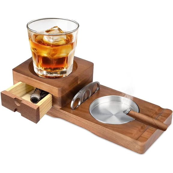 Cigar Ashtray, Wooden Tray Kit with Cigar Cutter Include Drawer, Slot, Whiskey Glass Tray, Ash Trays, Cigars Accessory Set for Home Office Outdoor, Gifts for Men