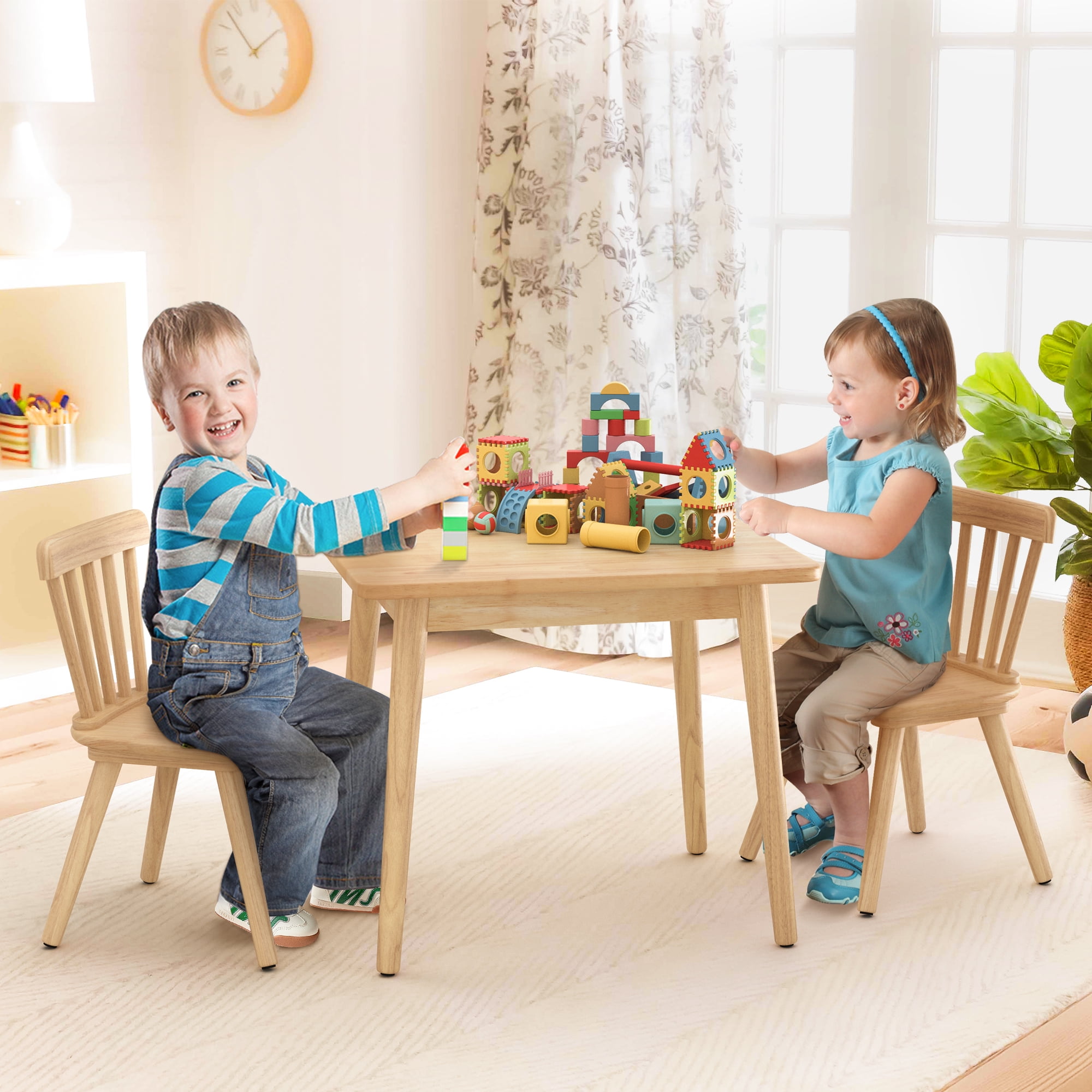 Curipeer Windsor Rubberwood Kids Table and 2 Chairs Set with Non-Slip Legs Round Edge Design for Play, Natural Wood