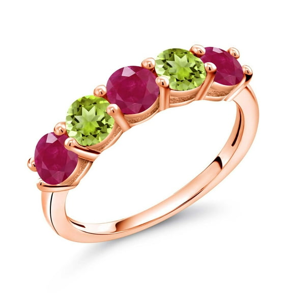 Gem Stone King 18K Rose Gold Plated Silver Red Ruby and Green Peridot Wedding Band Ring for Women (1.16 Cttw, Round 3.5MM, Gemstone July Birthstone, Size 8)