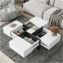 JERFIT Modern Expandable Coffee Table with 4 Hidden Storage Drawers, White High-Gloss Square Cocktail Table for Living Room, Extendable Sliding Top Center Table