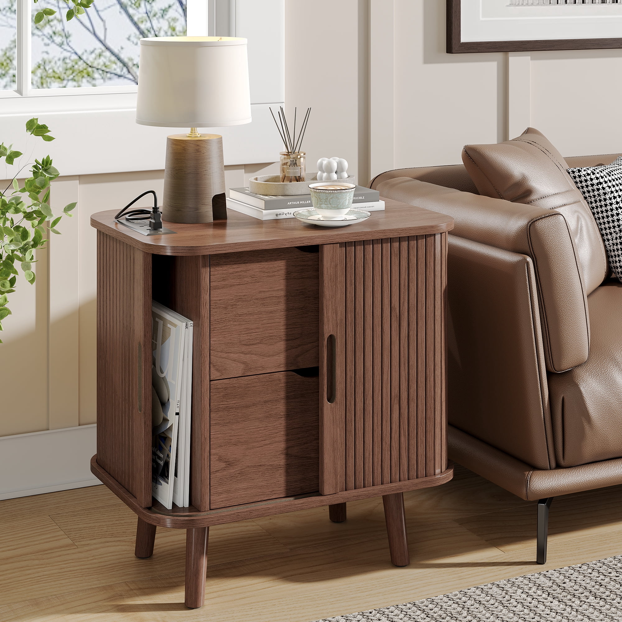 Fluted Nightstand with Charging Station, Mid Century Modern Bedside Table with Drawers and Shelves, Sliding Doors Nightstands, Wood Night Stand for Bedroom, End Table with Charging Station, Walnut