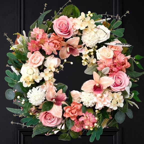 22 inch Spring Summer Wreath, Pink Rose & White Hydrangea Floral Decor with Green Leaves