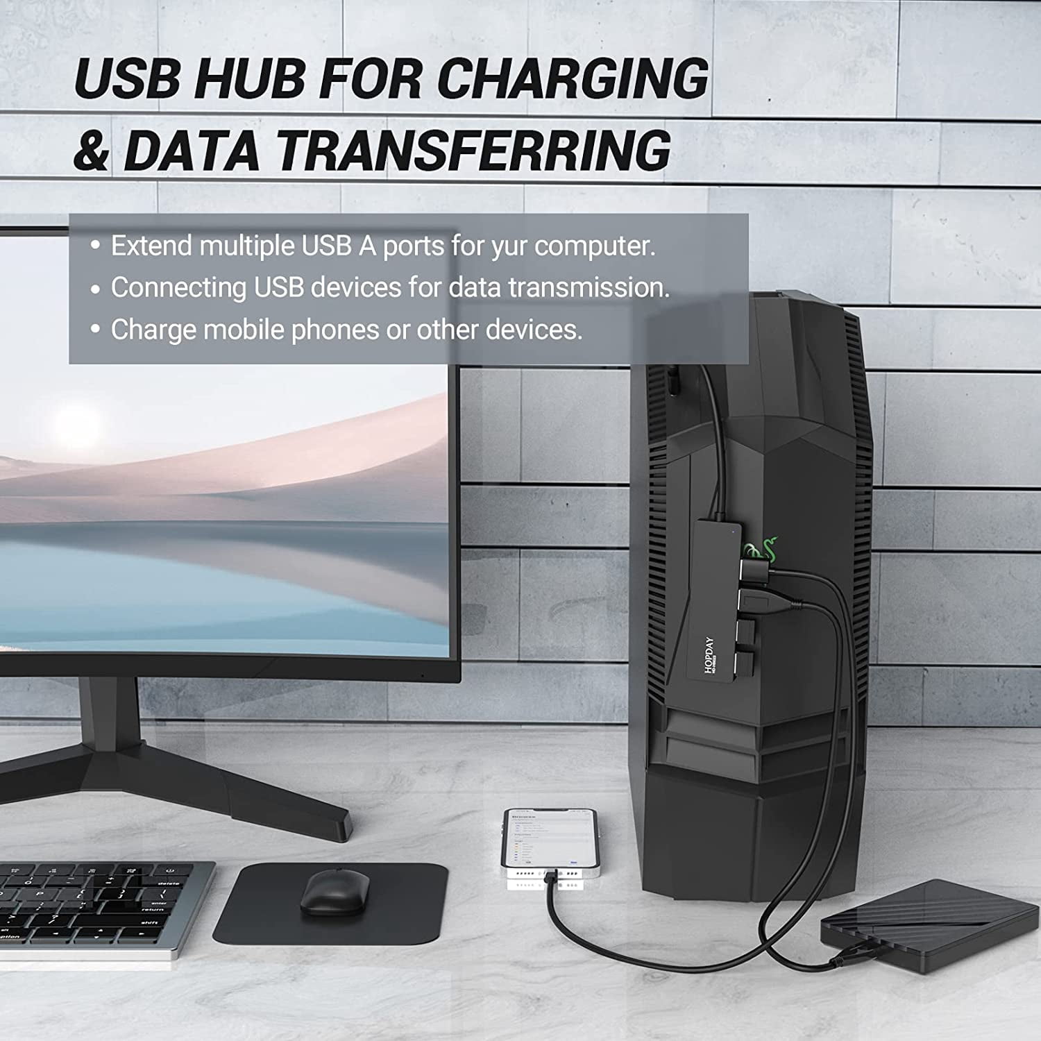 USB Hub, USB Hub 3.0 with 4 Port USB 3.0 Transfer Speed 5 Gbps, Ultra-Slim Data USB Splitter Compatible with Laptop, PC, Mouse, Keyboard, USB, Cable