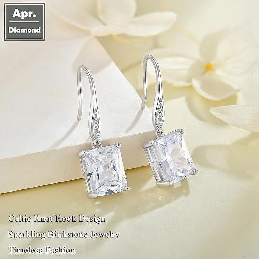 Cubic Zirconia Rectangle Cut Earrings 925 Sterling Silver Celtic Knot Hook Dangle Earring 8X10mm Solitaire Gemstone Birthstone Irish Jewelry Valentine's Day Gift for Wife Women