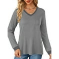 thumbnail image 3 of MOSHU Color Block T Shirts for Women V Neck Long Sleeve Womens Shirts Loose Fall Tops with Pocket, 3 of 8