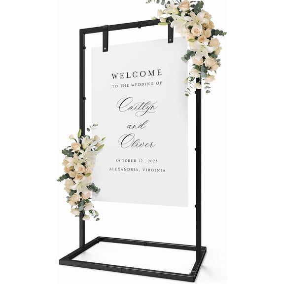 Wedding Sign Holder, Adjustable Welcome Wedding Sign Stand with Leather Sign Hanging Strap, Heavy Duty Easel Stand for Sign, Wedding Seating Chart Stand, Square Backdrop Stand Black