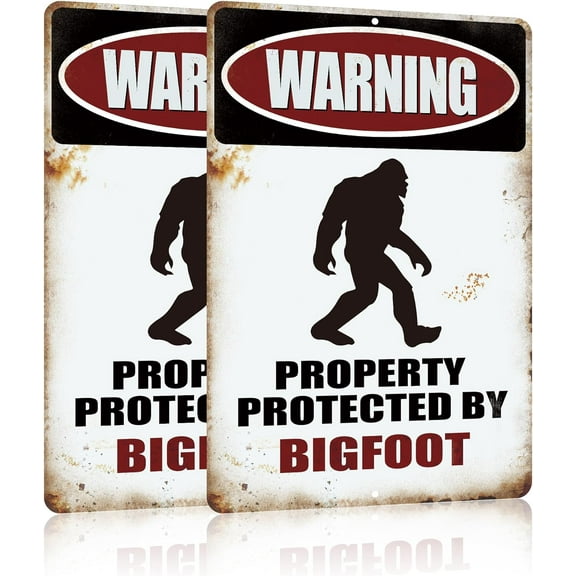 Vintage Bigfoot Decor Gifts, Funny Sasquatch Metal Tin Signs, Yard Forest Garage Garden Wall Decor - Warning Property Protected by Big foot 12 x 8 Inches Outdoor & Indoor (2pcs)
