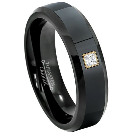 6mm Princess Cut Mount - 0.05ctw Princess Cut Diamond Tungsten Ring - 6MM Brushed Finish Black IP Beveled Edge Tungsten Carbide Wedding Band - April Birthstone Ring - 14kt Yellow Gold Bezel - TN168PSG-1WDs13