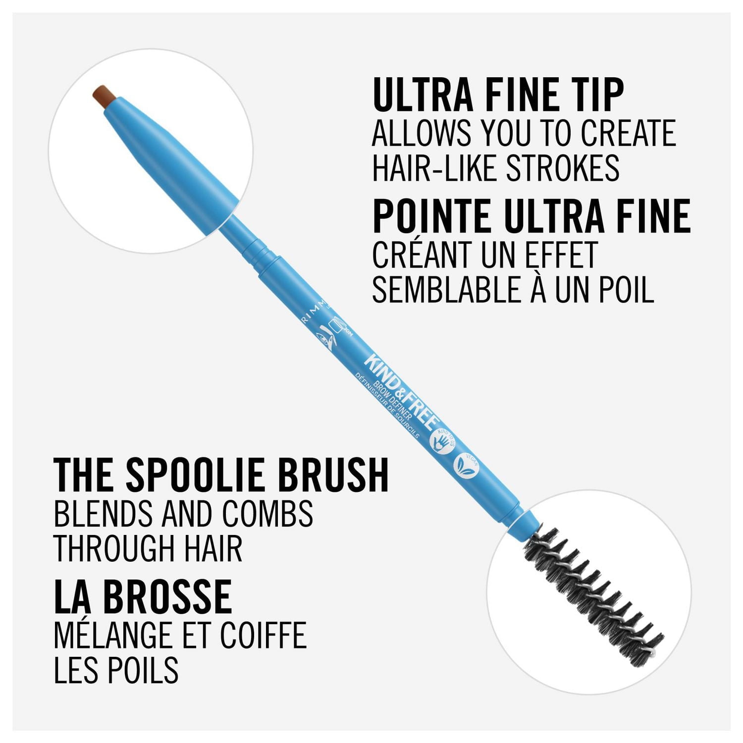Rimmel Kind & Free™ Brow Definer, Dual Ended Ultra Fine Tip and Spoolie, NO mineral oils, Vegan Formula, Bold yet natural looking eyebrows