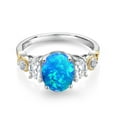thumbnail image 2 of Gem Stone King 925 Silver and 10K Yellow Gold 3-Stone Ring Oval Cabochon Blue Simulated Opal and Half Moon Moissanite | 1.06 Cttw | Gemstone Birthstone (Size 6), 2 of 3