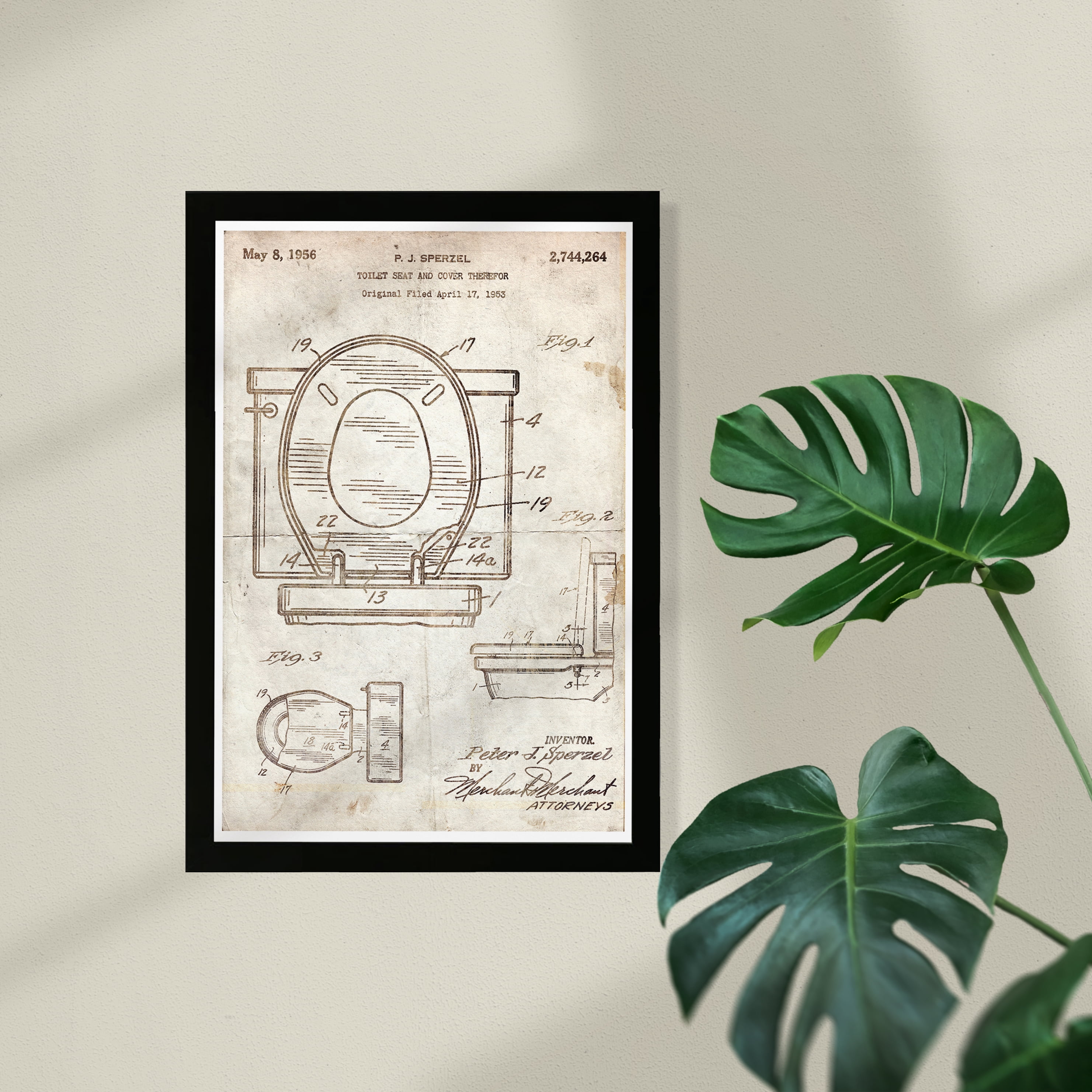 Wynwood Studio Bath and Laundry Framed Wall Art Prints 'Toilet Seat 1956 Parchment' Toilets Home Décor - Brown, White, 13" x 19"