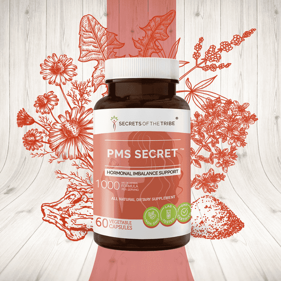 Secrets of the Tribe PMS Secret Capsules Dietary Supplement, Natural Herb Blend, Made from Black Cohosh, Cramp, Vitex, Valerian, Dandelion, Chamomile, St. John's Wort 60 Count