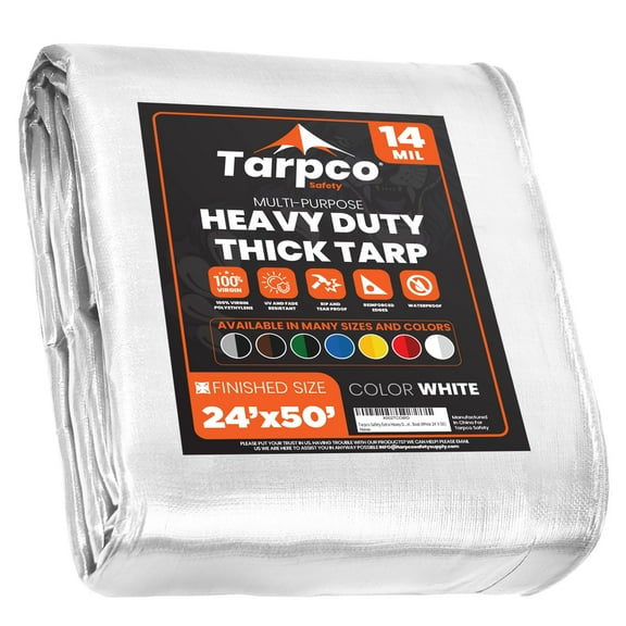 Tarpco Safety 14 Mil Extra Heavy Duty Tarp Camping Tarpaulin Waterproof Cover, White 24' x 50'Ft