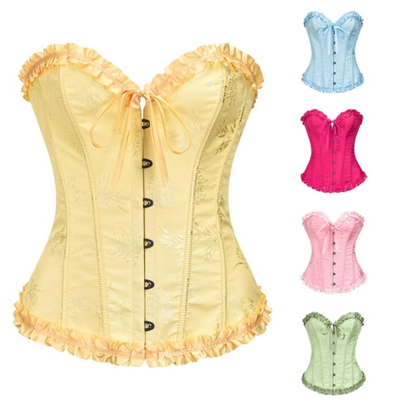 REDARER Floral Jacquard Ruffled Sweetheart Corset Front Ribbon Tie Metal Buckle Waist Cinching Shapewear Bustier for Halloween Renaissance Cosplay Tea Party Evening Dress Up Outfit,M