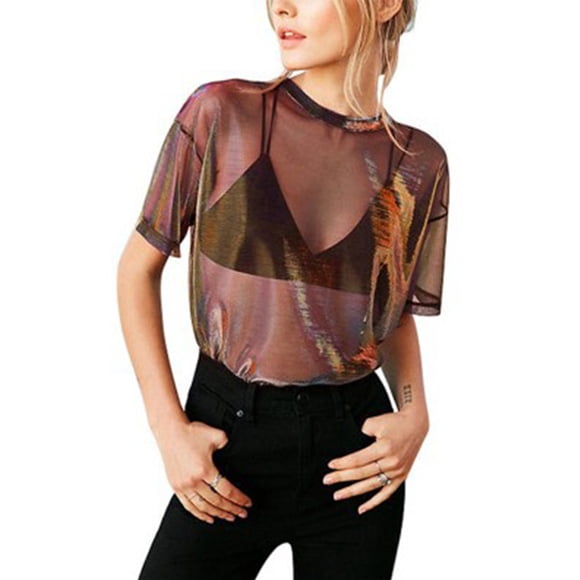 Yanluna T-Shirts Transparents Aguichant pour Femmes en Maille Brillante Laser Hauts Transparents Décontractés Manches Courtes Fête Clubwear Tee Col Rond T-shirt Vêtements Féminins
