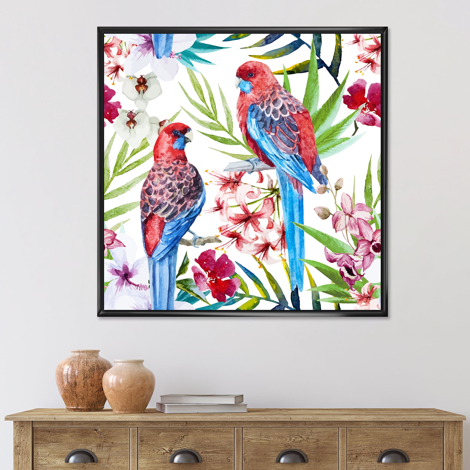 Rosella Birds Sitting On Flowers Tree Branch 36 in x 36 in Framed Painting Canvas Art Print, by Designart