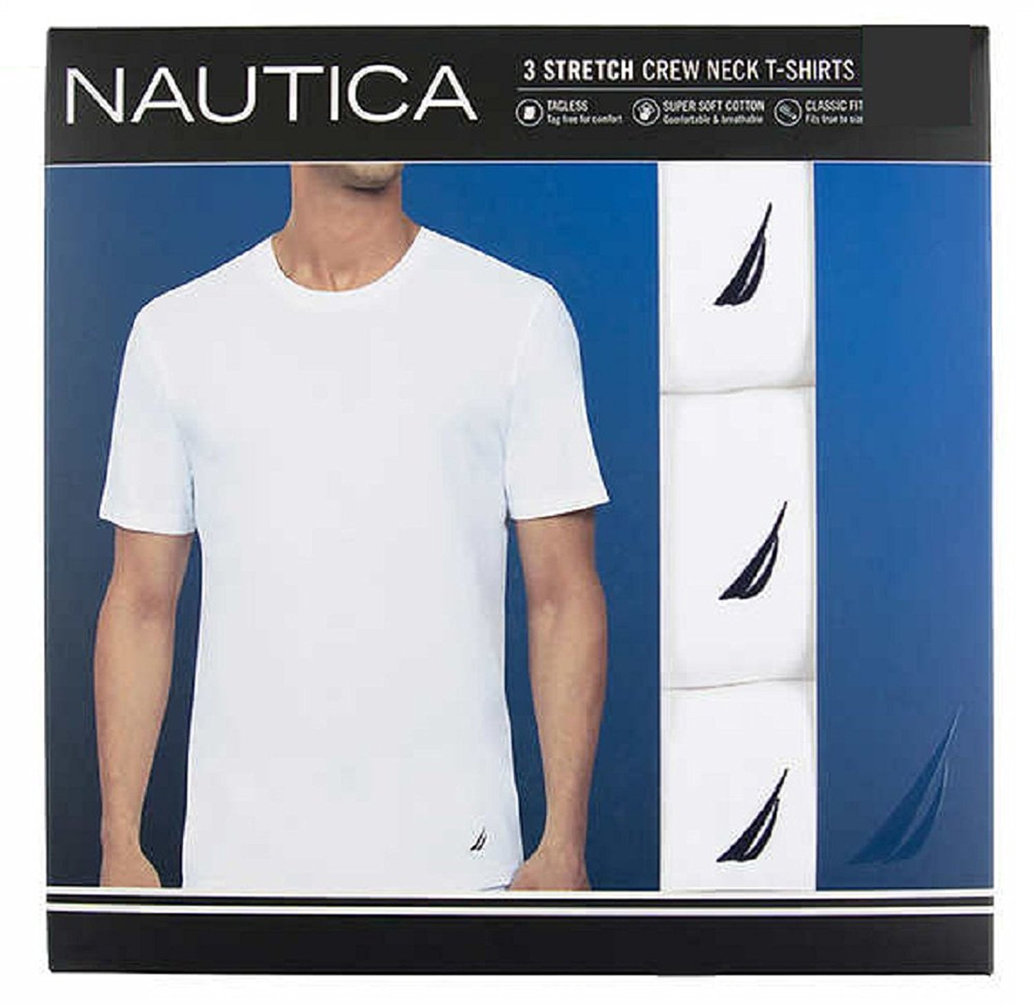 3-Pack NAUTICA 100% Cotton CREW NECK T-Shirts WHITE with Sail Boat Logo 