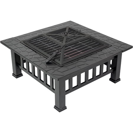 WANBIN 32 Inch Square Fire Pit Table, Wood Burning, with Spark Screen Lid & Cooking Grate, Black