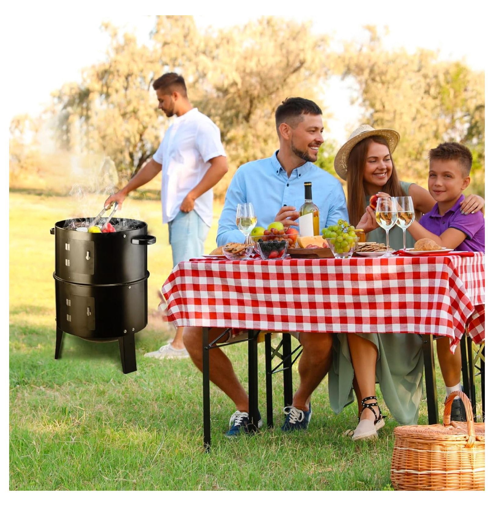 Vertical 19Inch Round Charcoal Smoker Grill,Heavy-Duty BBQ Smoker for Outdoor Multi-Layer Pellet Ideal for Meats-Offset Charcoal Grill with Thermometer,Black