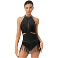 thumbnail image 2 of YiZYiF Womens Sparkle Latin Dance Leotard Tassel Skirt Halter Backless Bodysuit Cha Cha Rumba Shows Black L, 2 of 6