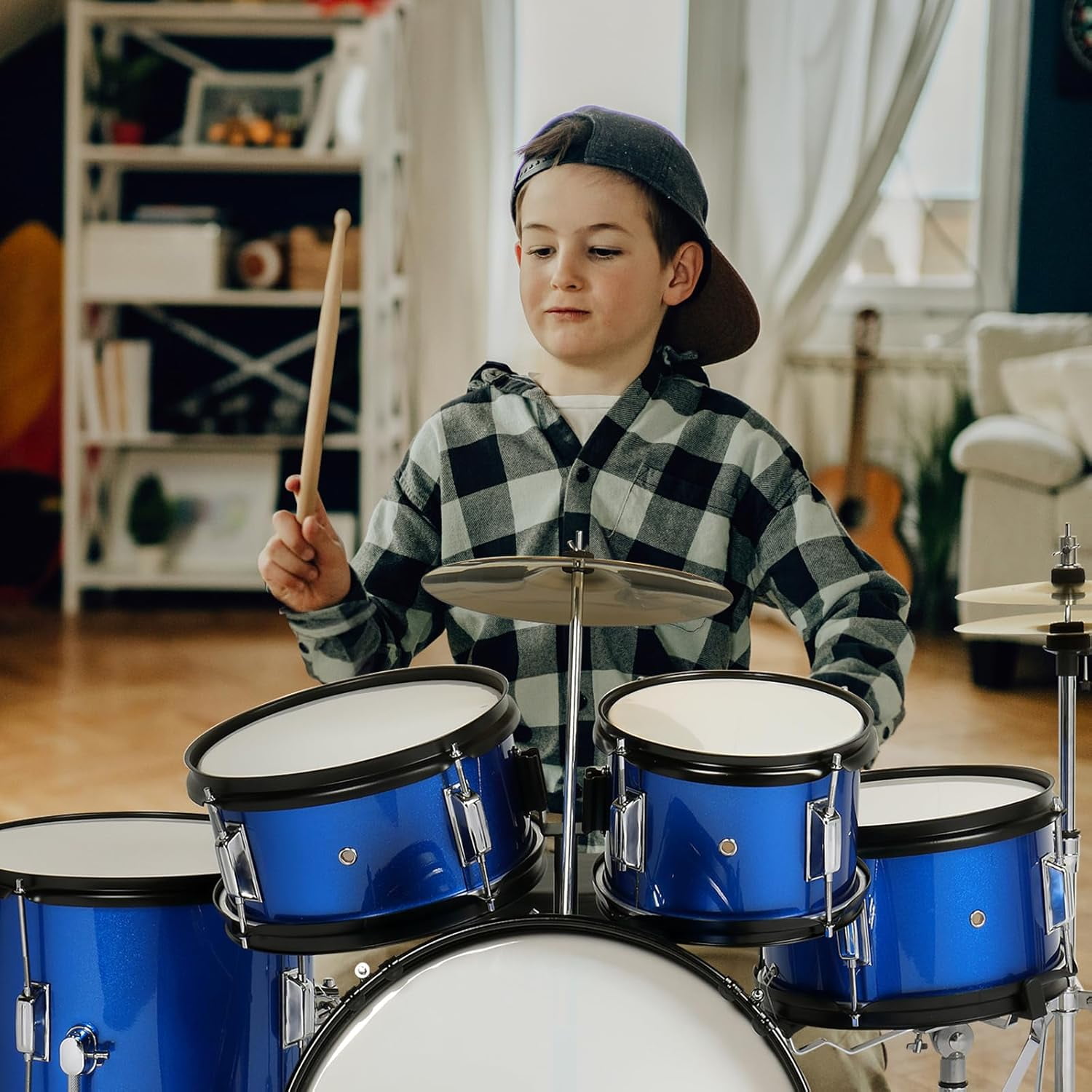 5-Piece Complete Junior Drums Set, 14 Inch Beginners Drum Kit with Throne Stool, Pedal & Drumsticks, Drums Musical Instruments W/Cymbal, Hi-Hat, Floor, Tom and Snare Drum 16"x11" Dark Blue