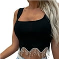 thumbnail image 1 of Chaleco de punto con flecos y tachuelas de retales sexy ajustado para mujer, camiseta de manga corta con hombros descubiertos de una línea OAVQHLG3B Store  lin121212, 1 of 5