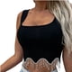thumbnail image 1 of Chaleco de punto con flecos y tachuelas de retales sexy ajustado para mujer, camiseta de manga corta con hombros descubiertos de una línea OAVQHLG3B Store  lin121212, 1 of 5