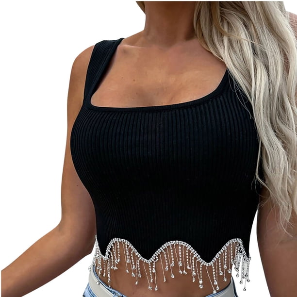 Chaleco de punto con flecos y tachuelas de retales sexy ajustado para mujer, camiseta de manga corta con hombros descubiertos de una línea OAVQHLG3B Store lin121212
