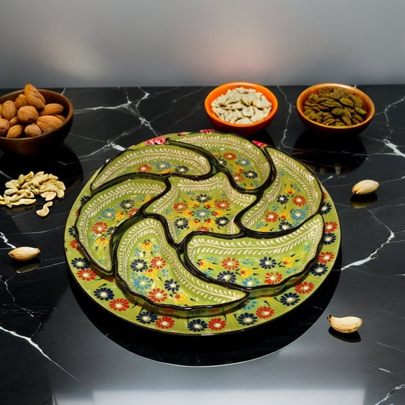 Ceramic Sectional Chip and Dip Plate - 8-Piece Set with Removable Serving Sections, Decorative Floral Snack Tray, 12" Round Dish