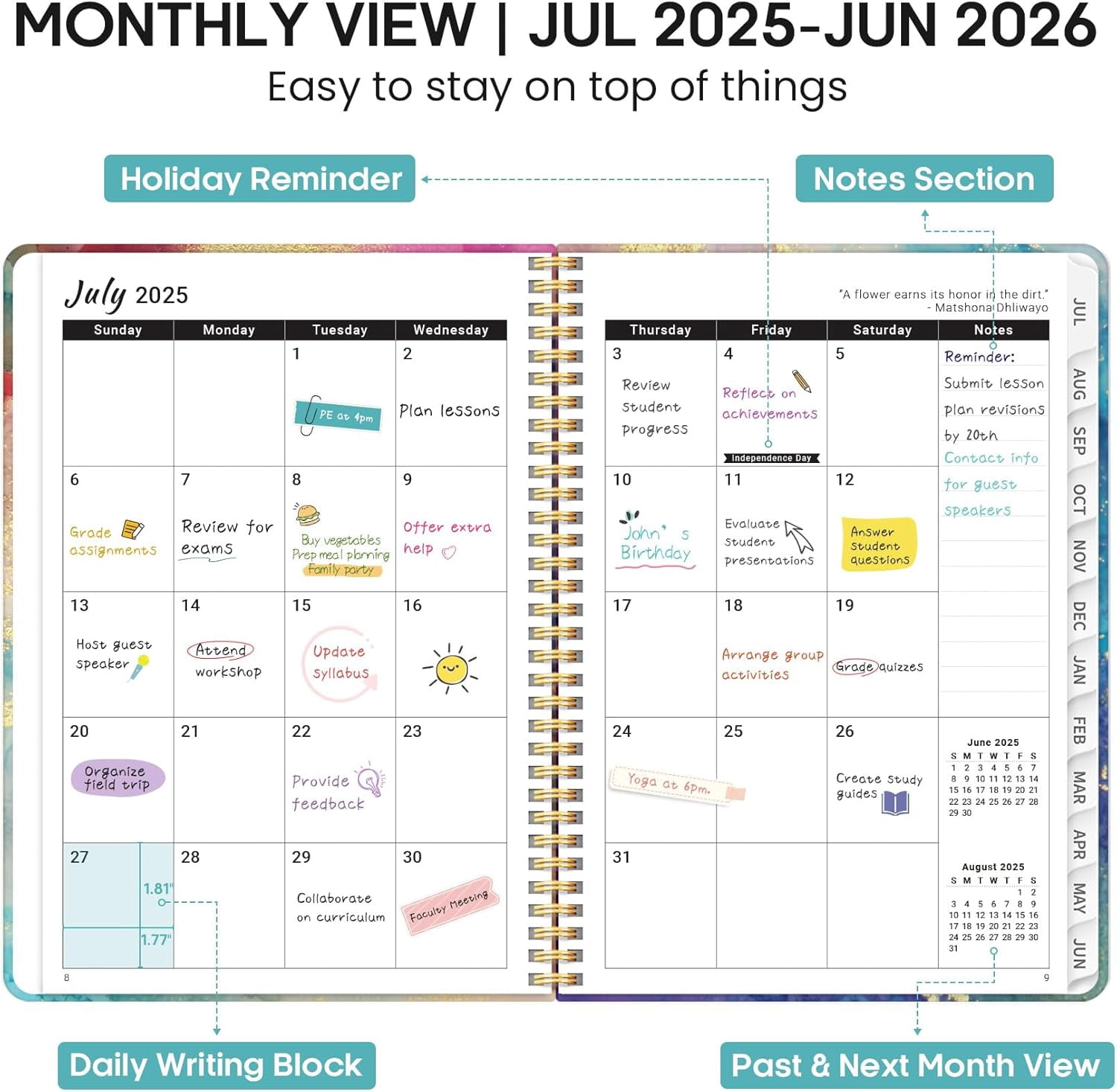 Academic Planner 2025-2026, Weekly and Monthly Calendar Planner Book, July 2025 – June 2026, Hardcover Organizer with Tabs, Perfect for Teachers, Students, Women & Men, A5 (6.4" x 8.5") - Pink