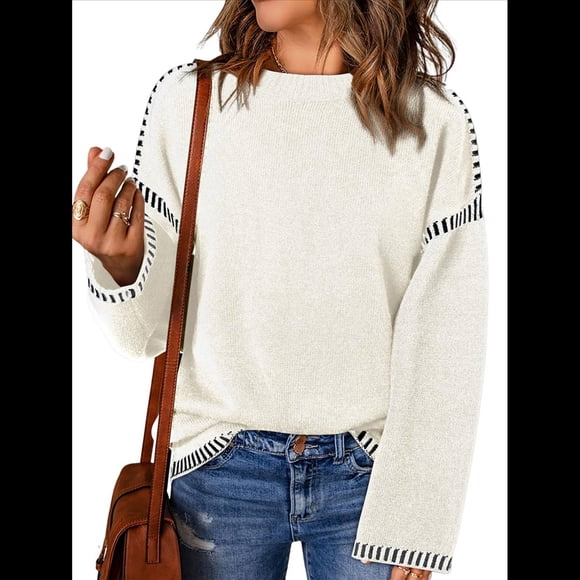 Suéteres para Mujer, Cuello Redondo Liso, Corte Holgado, Larga, Punto en Contraste, Jersey, Tops L