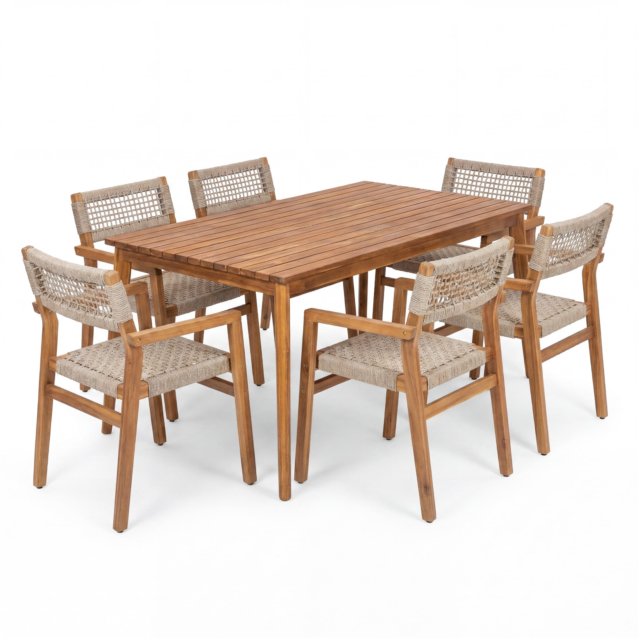 Christopher Knight Home 7-Piece Patio Dining Set, Acacia Wood Table and Rope Woven Chairs, Teak